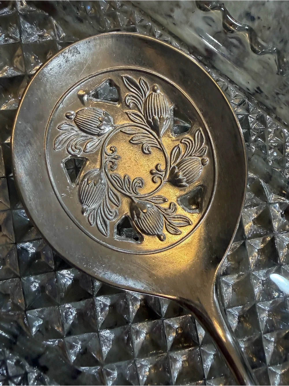 Vintage Leonard Silver Plated Serving Spoon and Crystal Glass Tray 1970s